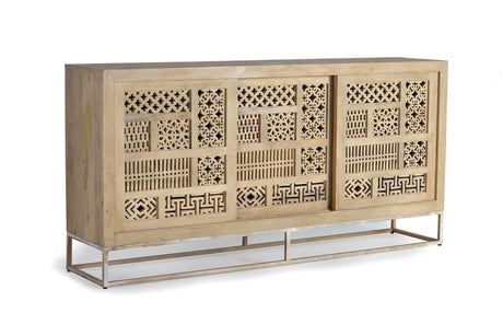 Giner and Colomer - Mango Wood Sideboard With 3 Sliding Doors & Hand-Carved Details