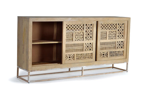Giner and Colomer - Mango Wood Sideboard With 3 Sliding Doors & Hand-Carved Details
