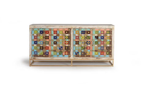 Giner and Colomer - 4-Door Mango Wood Sideboard With Metal Base & Ceramic Door Details