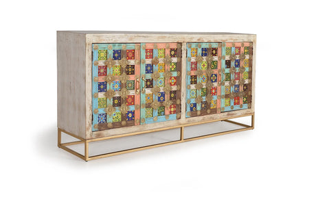 Giner and Colomer - 4-Door Mango Wood Sideboard With Metal Base & Ceramic Door Details