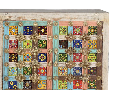 Giner and Colomer - 4-Door Mango Wood Sideboard With Metal Base & Ceramic Door Details