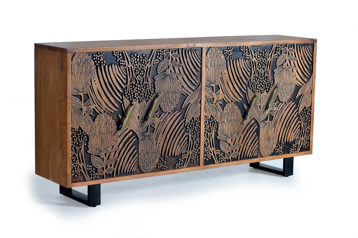 Giner and Colomer - 4-Door Acacia Wood Sideboard With Hand-Carved Door Details