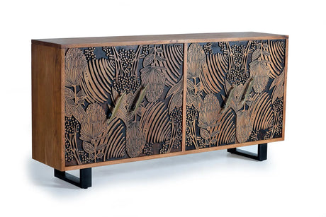 Giner and Colomer - 4-Door Acacia Wood Sideboard With Hand-Carved Door Details