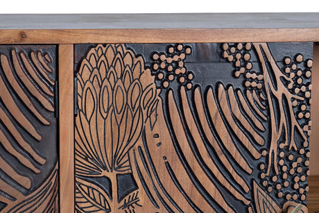 Giner and Colomer - 4-Door Acacia Wood Sideboard With Hand-Carved Door Details