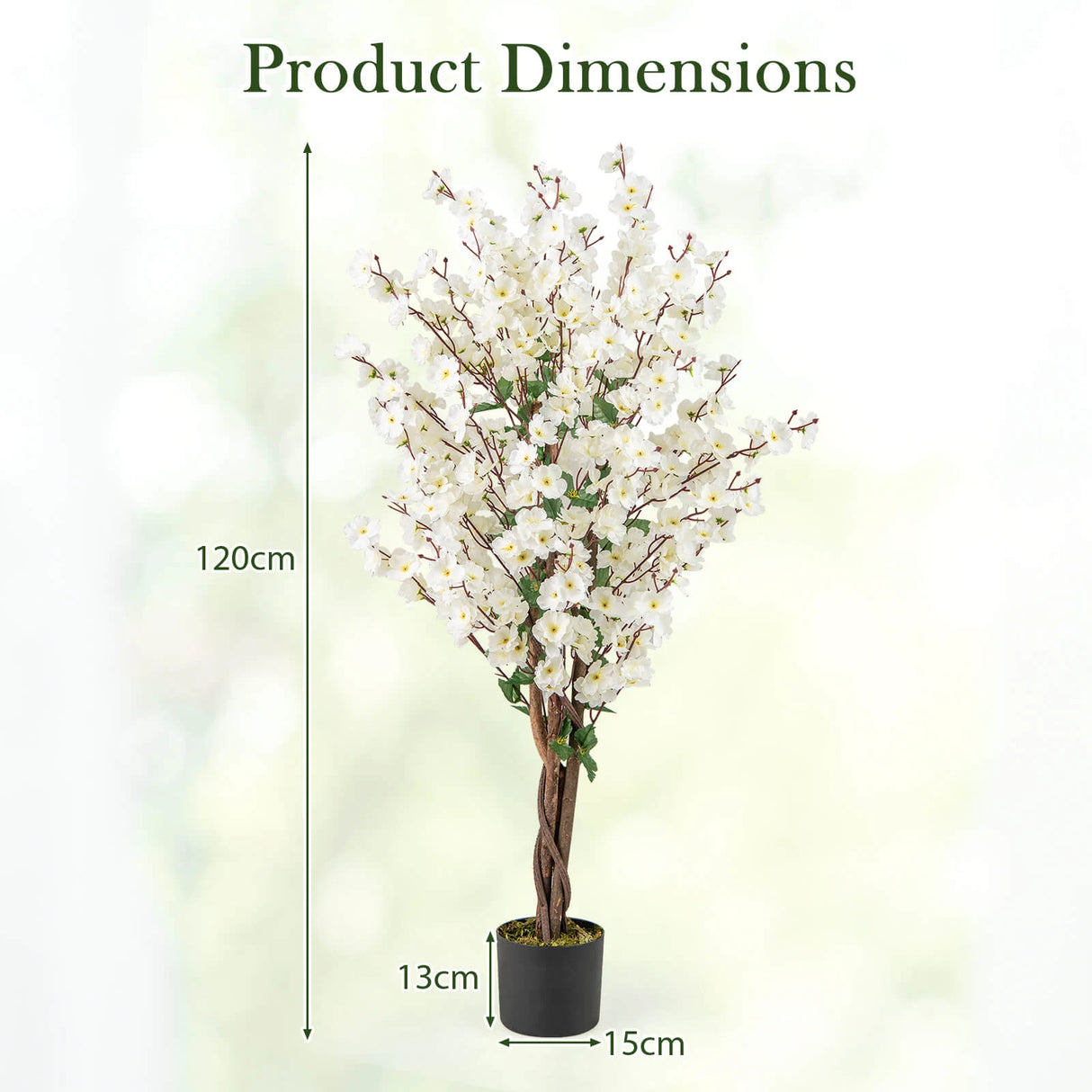 Faux Plum Blossom Plant with White Fabric Flower and Solid Wood Trunk-White