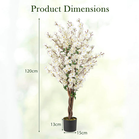 Faux Plum Blossom Plant with White Fabric Flower and Solid Wood Trunk-White