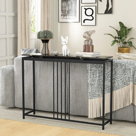 120cm Console Table Narrow Entryway Table with Faux Marble Tabletop-Black