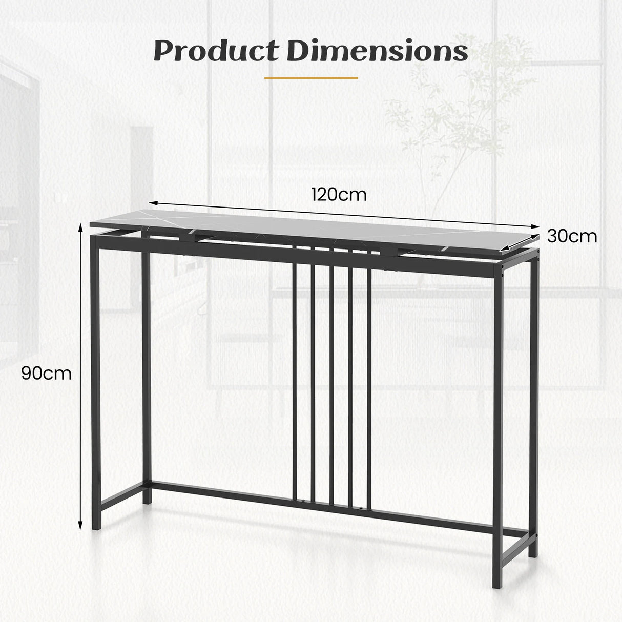 120cm Console Table Narrow Entryway Table with Faux Marble Tabletop-Black