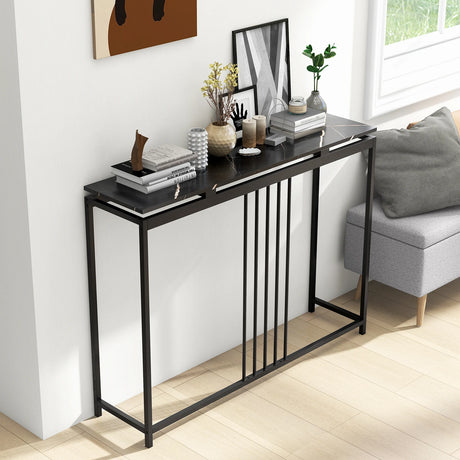120cm Console Table Narrow Entryway Table with Faux Marble Tabletop-Black