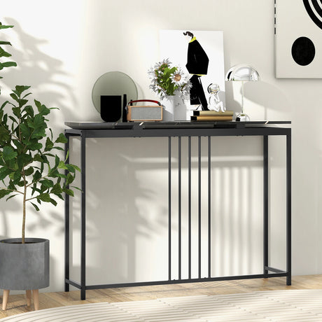 120cm Console Table Narrow Entryway Table with Faux Marble Tabletop-Black