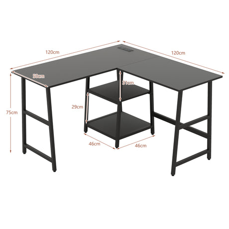 120cm L-Shaped Computer Desk Corner Study Writing Desk with Outlets-Black