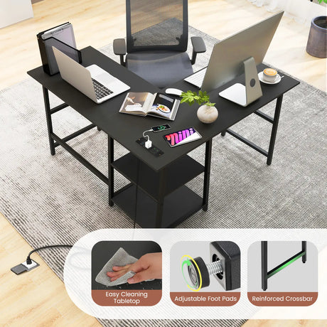 120cm L-Shaped Computer Desk Corner Study Writing Desk with Outlets-Black