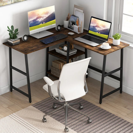 120cm L-Shaped Computer Desk Corner Study Writing Desk with Outlets-Rustic Brown