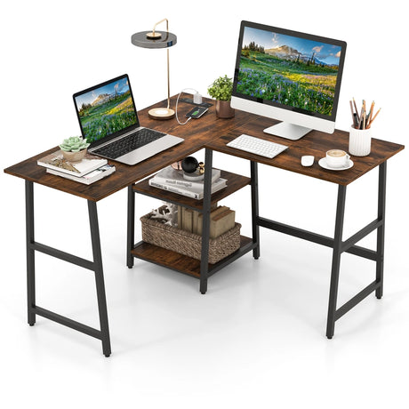 120cm L-Shaped Computer Desk Corner Study Writing Desk with Outlets-Rustic Brown