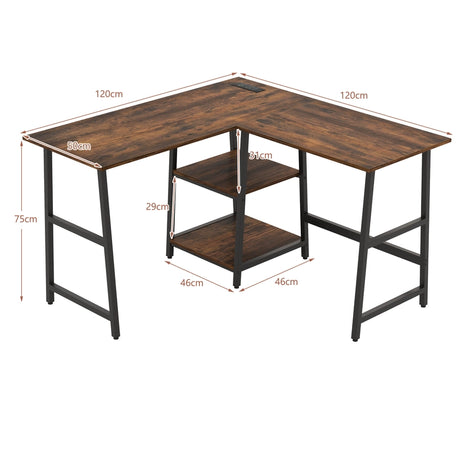120cm L-Shaped Computer Desk Corner Study Writing Desk with Outlets-Rustic Brown