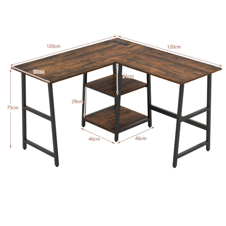 120cm L-Shaped Computer Desk Corner Study Writing Desk with Outlets-Rustic Brown
