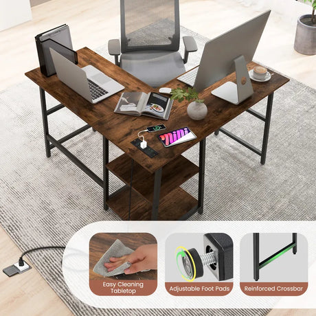 120cm L-Shaped Computer Desk Corner Study Writing Desk with Outlets-Rustic Brown