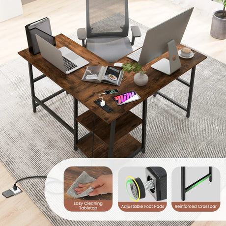 120cm L-Shaped Computer Desk Corner Study Writing Desk with Outlets-Rustic Brown