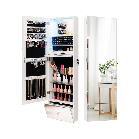 Wall Mounted Jewelry Armoire Organizer with Full-Length Frameless Mirror-White