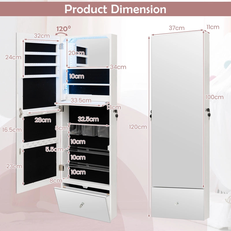 Wall Mounted Jewelry Armoire Organizer with Full-Length Frameless Mirror-White