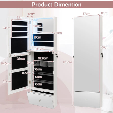 Wall Mounted Jewelry Armoire Organizer with Full-Length Frameless Mirror-White
