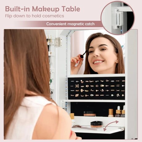 Wall Mounted Jewelry Armoire Organizer with Full-Length Frameless Mirror-White