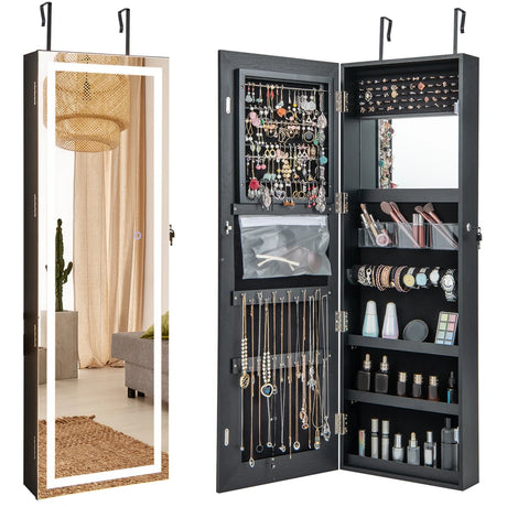 120cm LED Mirror Jewelry Cabinet with 3-Color Lights and Lockable Magnetic Door-Black