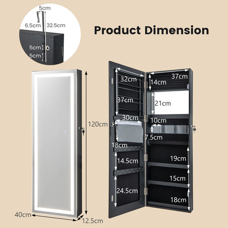 120cm LED Mirror Jewelry Cabinet with 3-Color Lights and Lockable Magnetic Door-Black