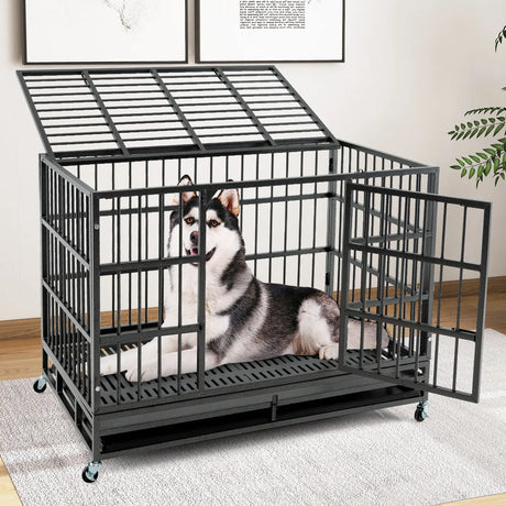 96CM/120CM Foldable Heavy-Duty Metal Dog Cage with Lockable Rolling Casters-M