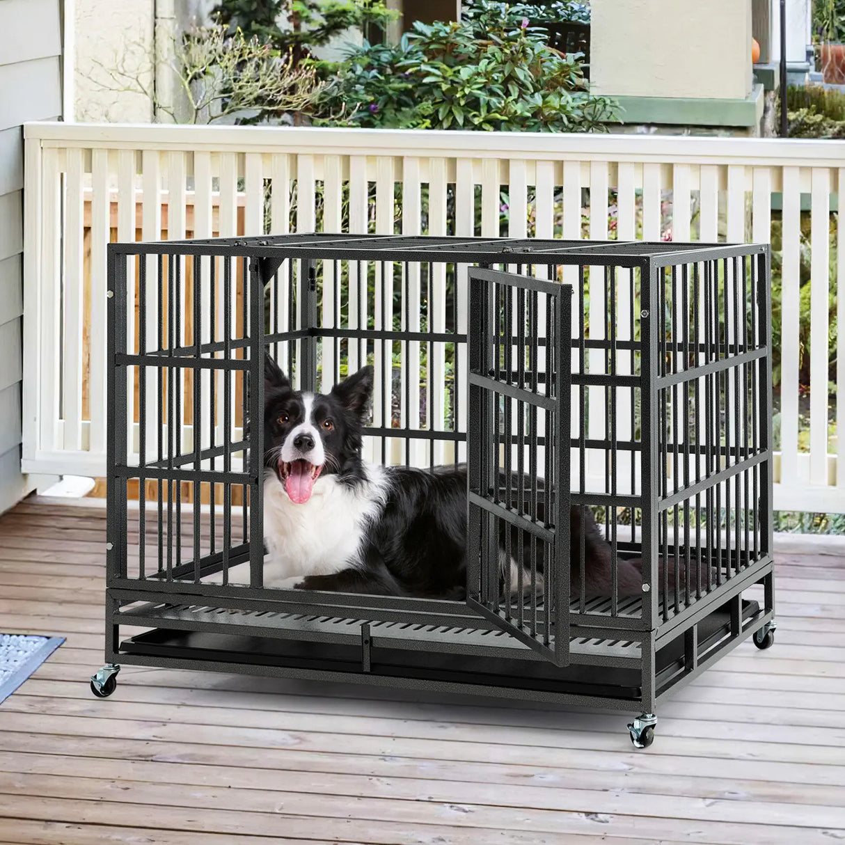 96CM/120CM Foldable Heavy-Duty Metal Dog Cage with Lockable Rolling Casters-M