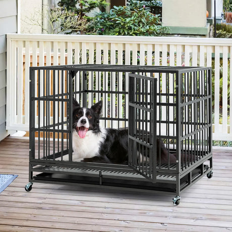 96CM/120CM Foldable Heavy-Duty Metal Dog Cage with Lockable Rolling Casters-M