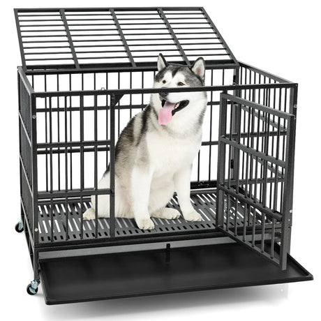 96CM/120CM Foldable Heavy-Duty Metal Dog Cage with Lockable Rolling Casters-M