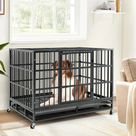 96CM/120CM Foldable Heavy-Duty Metal Dog Cage with Lockable Rolling Casters-M