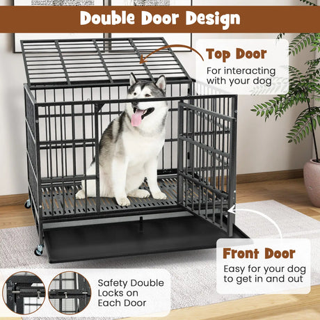 96CM/120CM Foldable Heavy-Duty Metal Dog Cage with Lockable Rolling Casters-M
