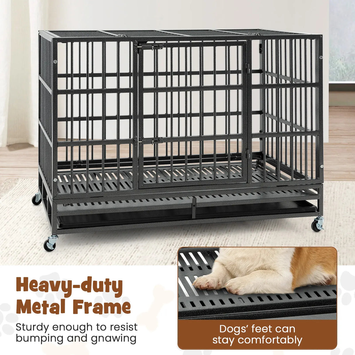 96CM/120CM Foldable Heavy-Duty Metal Dog Cage with Lockable Rolling Casters-M