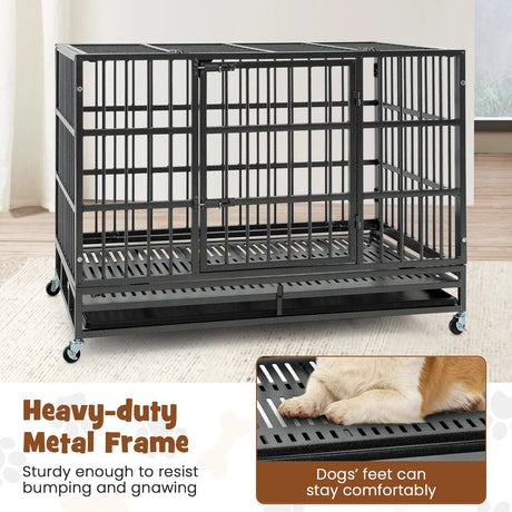 96CM/120CM Foldable Heavy-Duty Metal Dog Cage with Lockable Rolling Casters-M