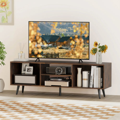 120cm Mid Century Modern TV Stand with Shelves and 5 Metal Legs-Rustic Brown
