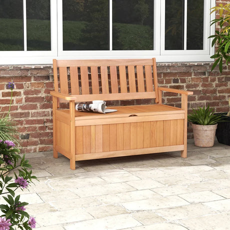 48 Inch Patio Hardwood Storage Bench with Slatted Backrest