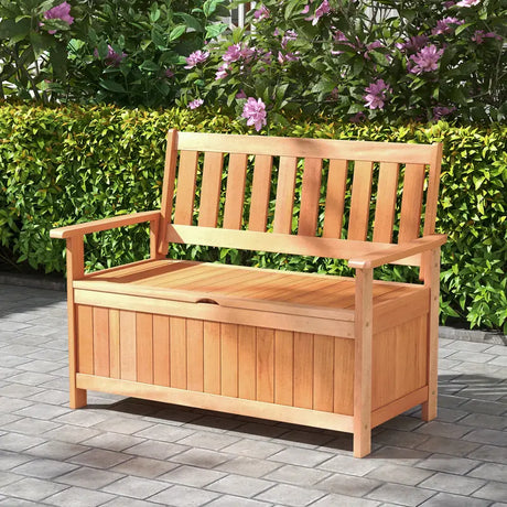 48 Inch Patio Hardwood Storage Bench with Slatted Backrest