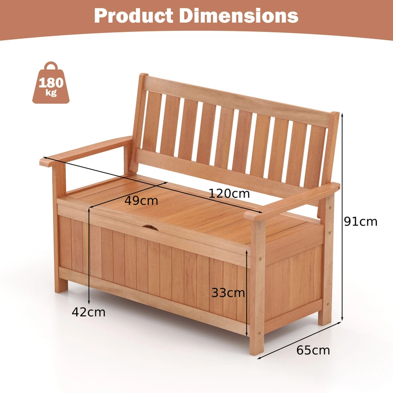 48 Inch Patio Hardwood Storage Bench with Slatted Backrest