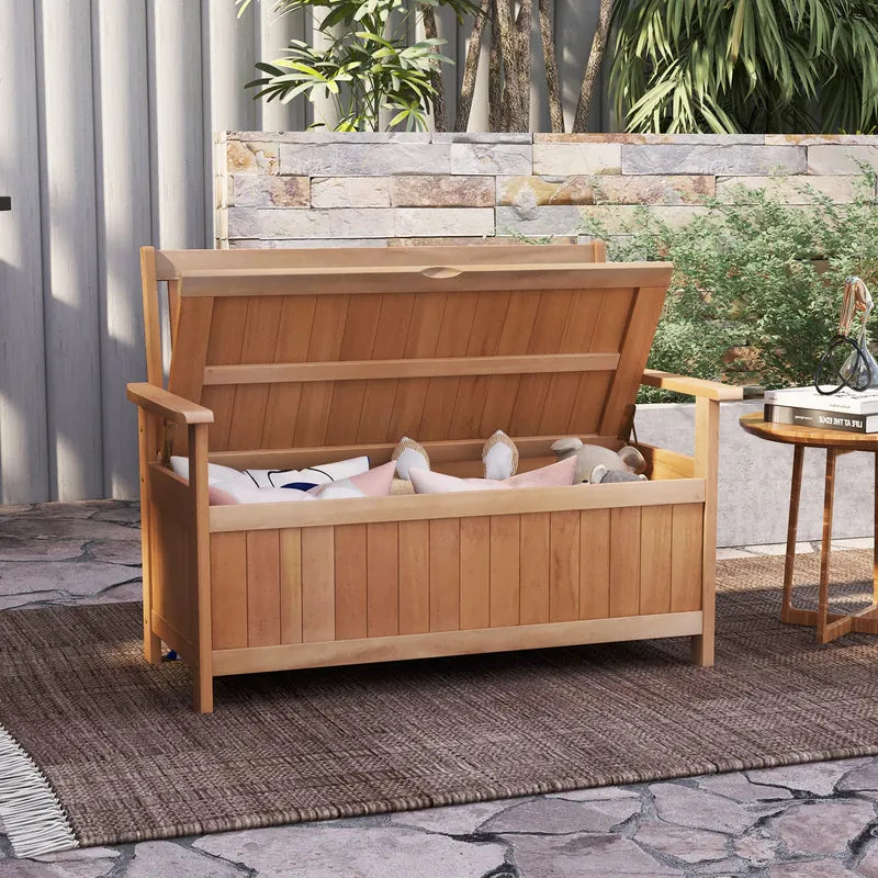 48 Inch Patio Hardwood Storage Bench with Slatted Backrest