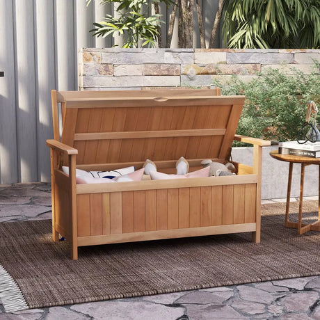 48 Inch Patio Hardwood Storage Bench with Slatted Backrest