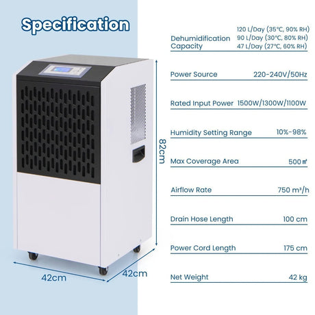 120L Commercial Industrial Dehumidifier for Spaces up to 500m2-White