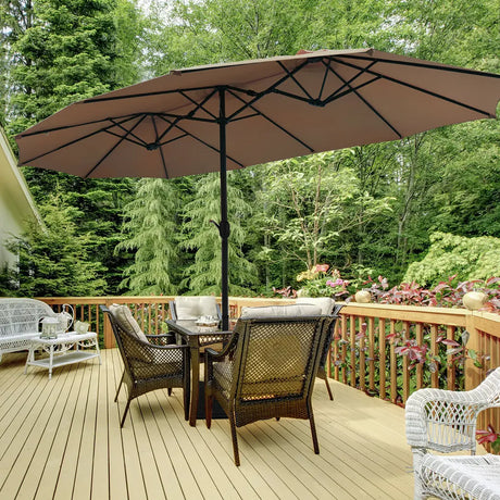 15 Foot Extra Large Patio Double Sided Umbrella with Crank and Base-Tan