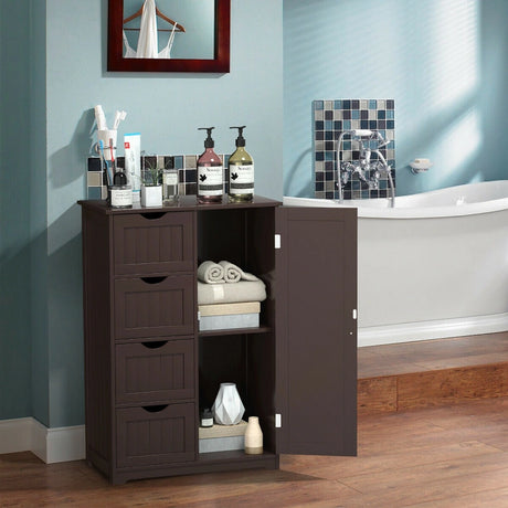 Freestanding Storage Cupboard with Adjustable Shelf and Drawers-Brown