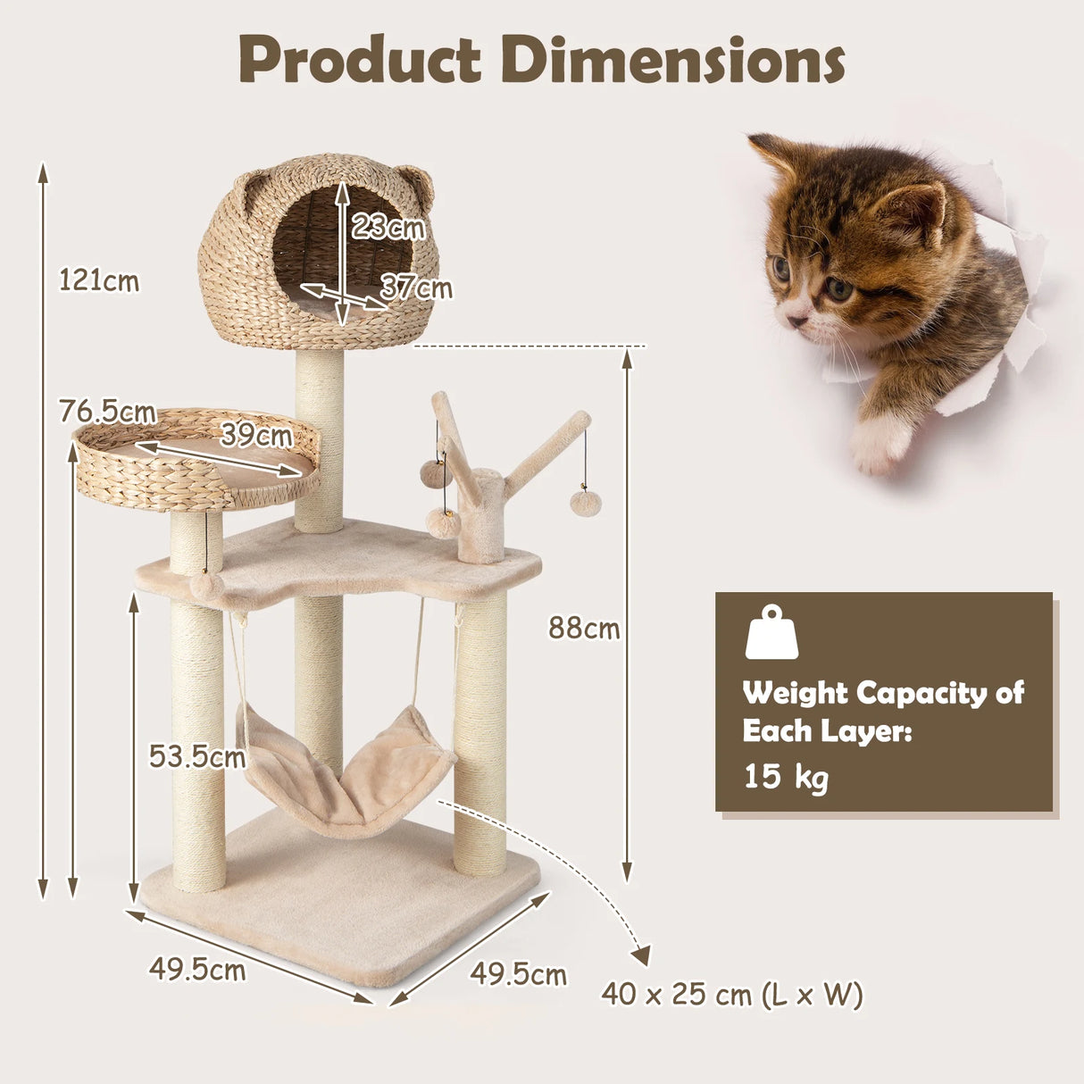 Multi-Level Cat Tree with Condo Hammock and Rotatable Hanging Balls-Natural