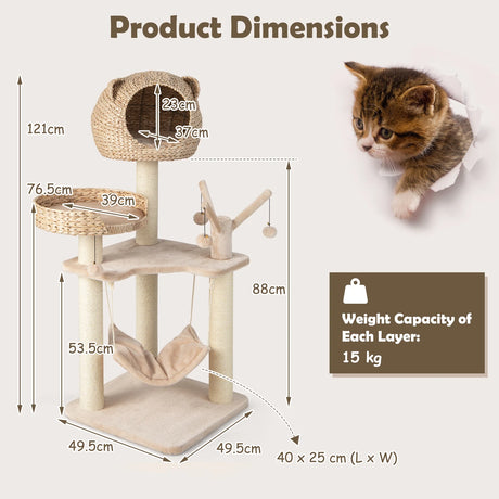 Multi-Level Cat Tree with Condo Hammock and Rotatable Hanging Balls-Natural