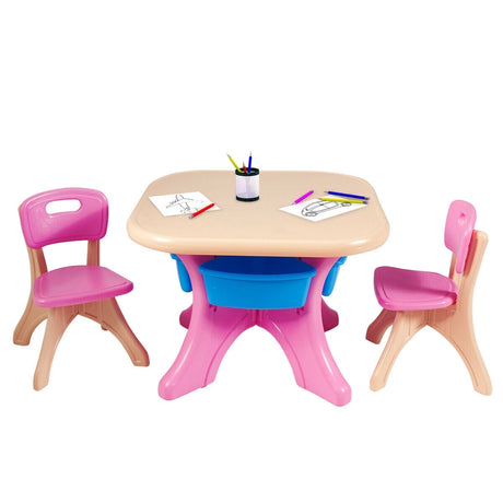 3 Sets of Table and Chairs with Detachable Storage Boxes Design for Kids Pink