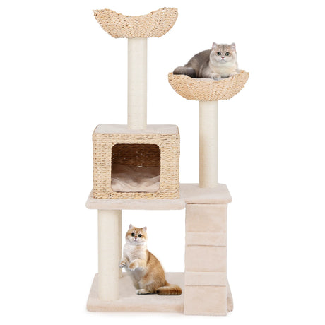 122cm Cattail Cat Tower with Sisal Scratching Posts Perch Condo-Beige