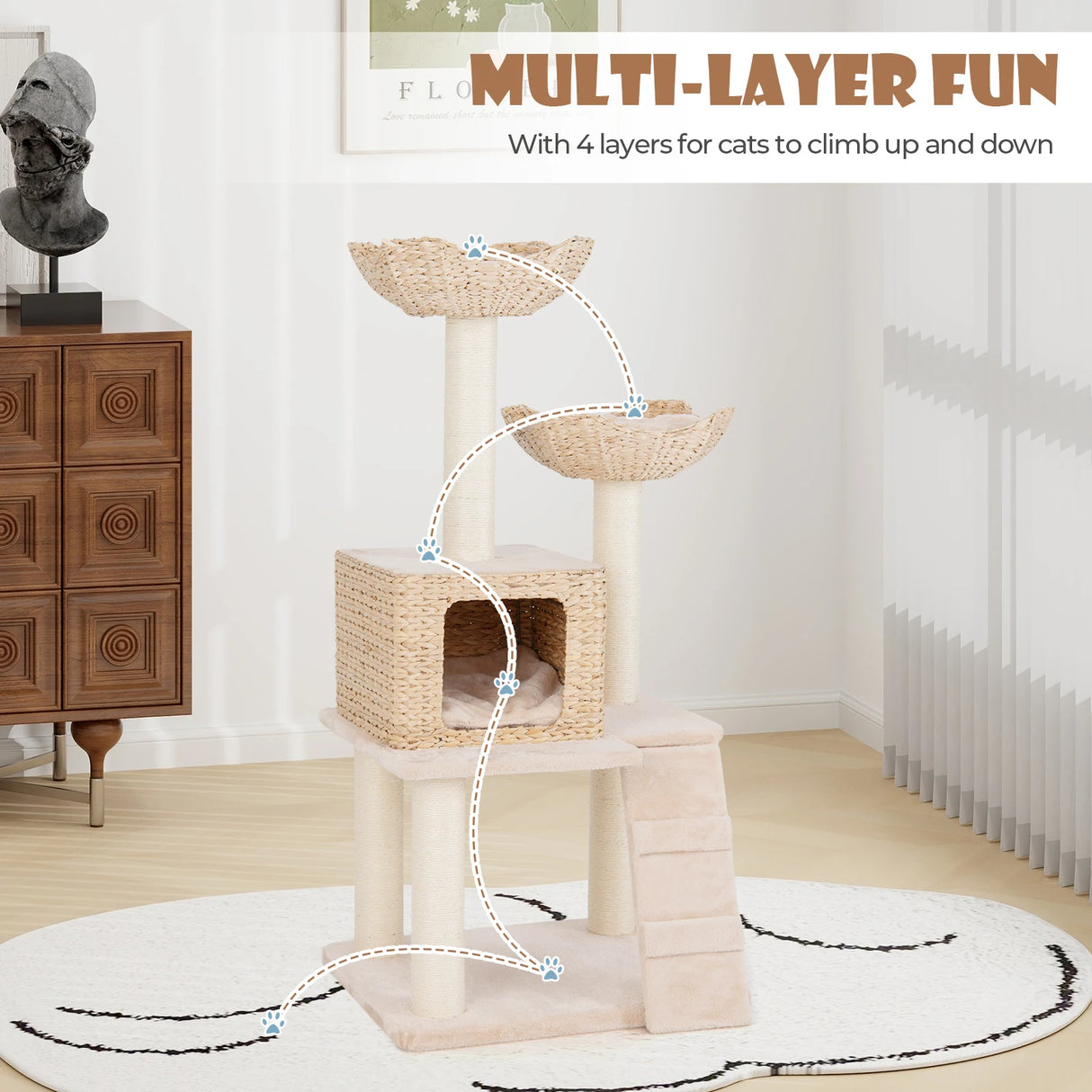 122cm Cattail Cat Tower with Sisal Scratching Posts Perch Condo-Beige
